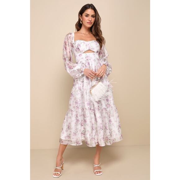 NWT Lulus Radiant Afternoon Ivory Floral Cutout Tiered Midi Dress Wedding Size S - Picture 1 of 8